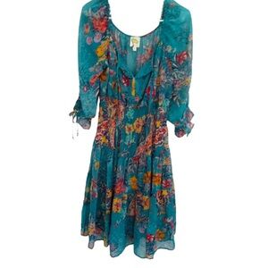 Fig and Flower Women’s Floral Boho Chiffon Dress Turquoise Renaissance Faire